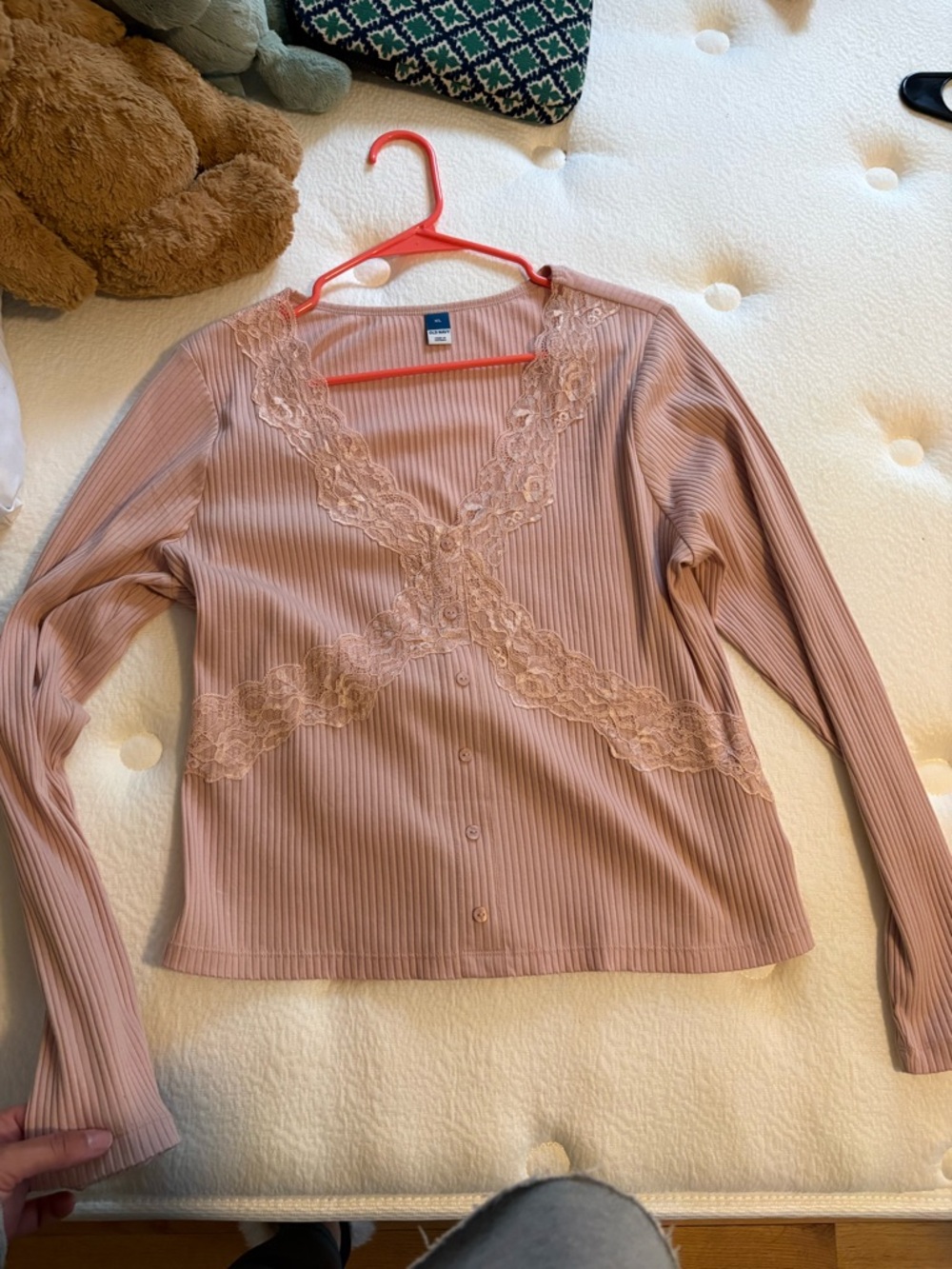Old Navy Lace-Trim Ribbed Long Sleeve Top - Dusty Rose